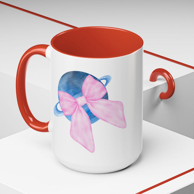 Blue Saturn Wrapped In A Pink Bow Accent Coffee Mug