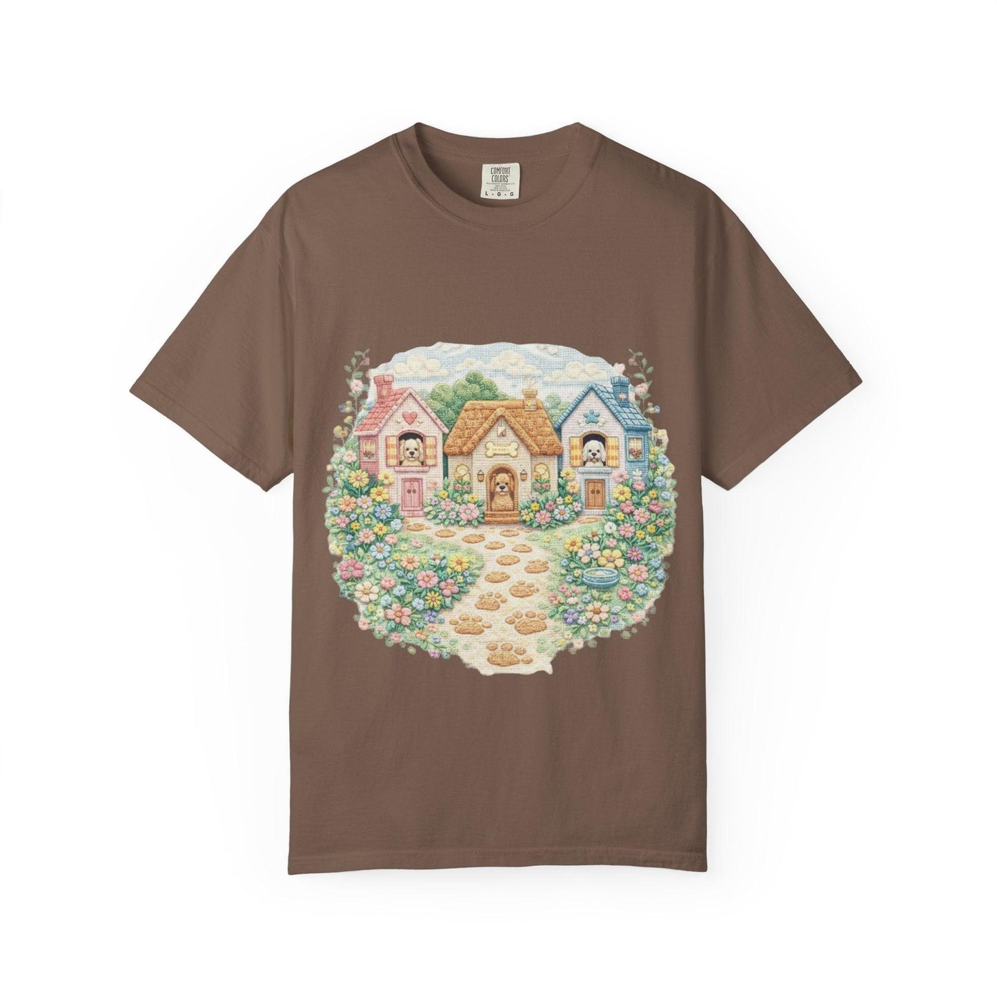 Cute Cottage Row illustration T-shirt | pastel village floral path