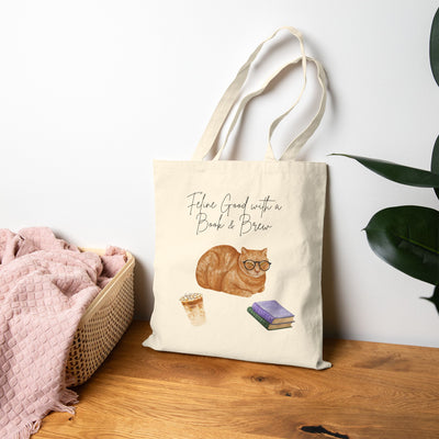 'Feline Good with a Book & Brew' Cotton Canvas Tote Bag