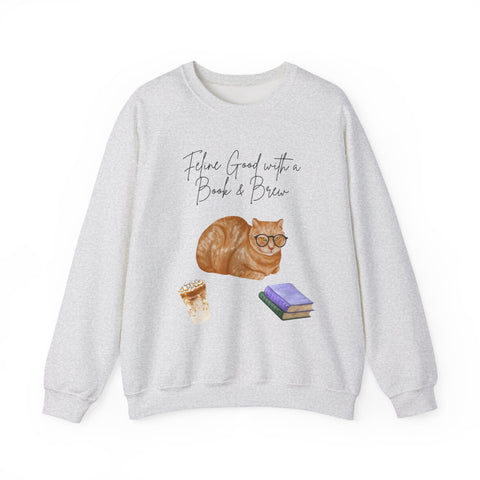 'Feline Good With A Book & Brew' Unisex Crewneck Sweatshirt