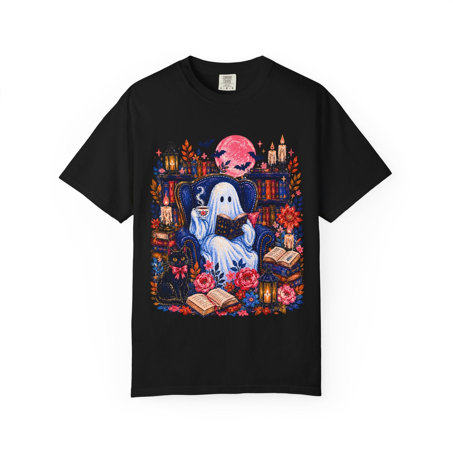 Cozy Reading Ghost T-Shirt | Bookish Halloween Illustration