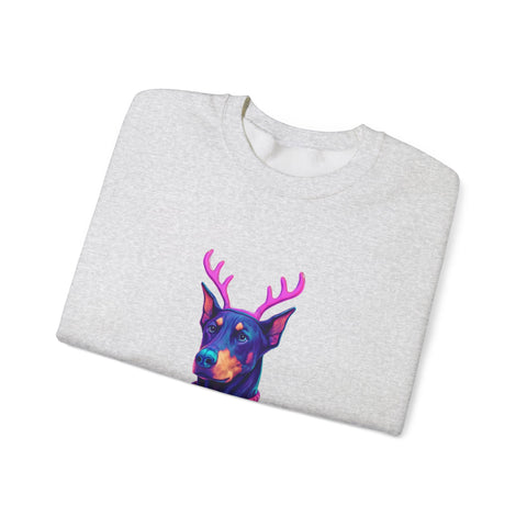 Vibrant Doberman Antlers Sweatshirt, Quirky Animal Crewneck, Cozy Holiday Gift, Fun Winter Apparel, Casual Style Top