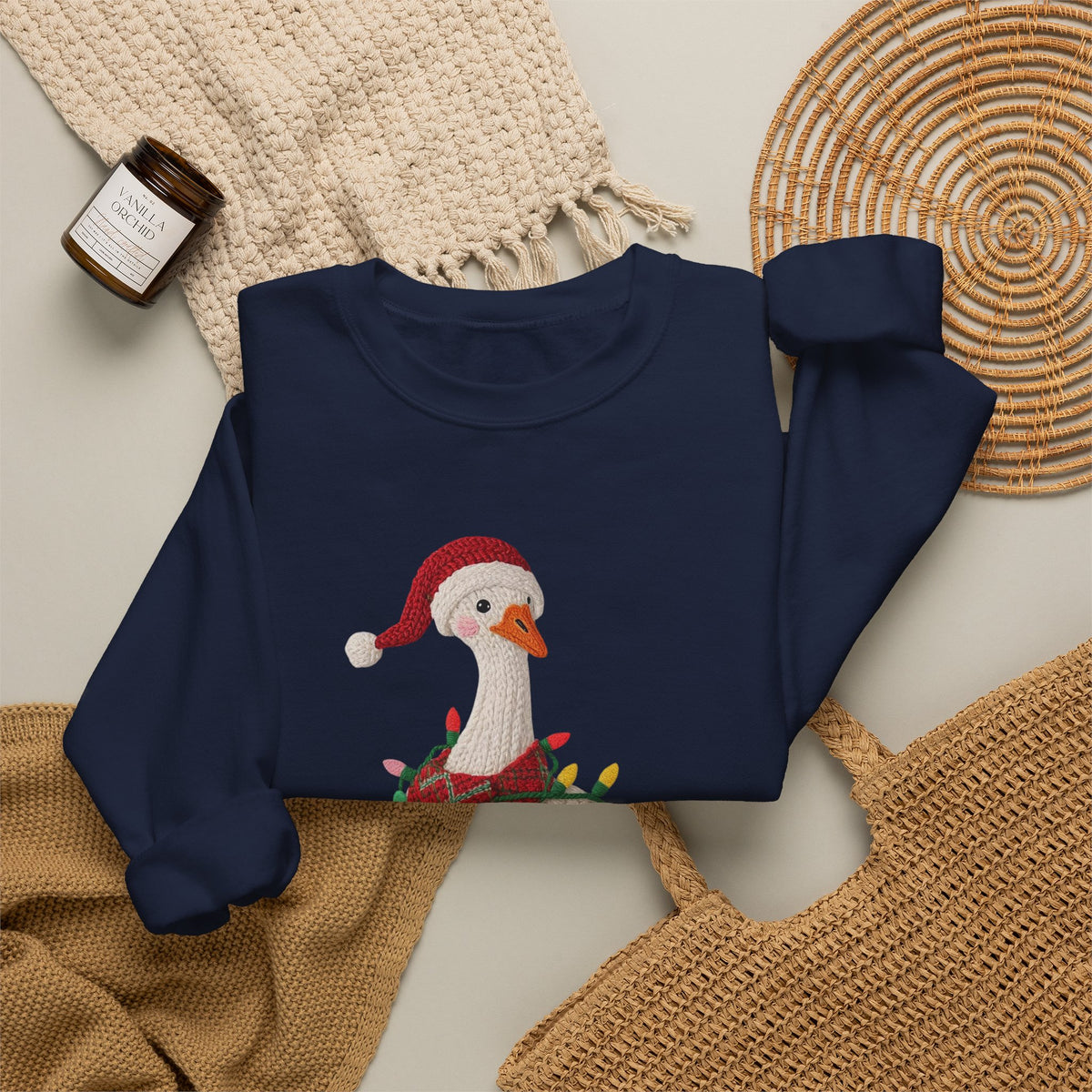 Christmas Goose Wearing Santa Hat Crewneck Sweatshirt | Holiday Duck in Lights