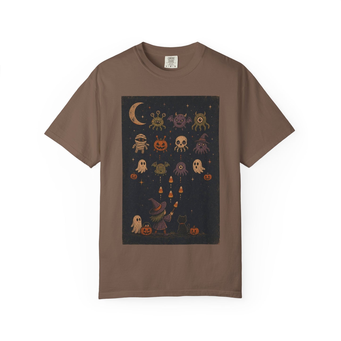 Cute Halloween Witch and Ghosts T-Shirt | Pumpkin Moon Spooky Illustration