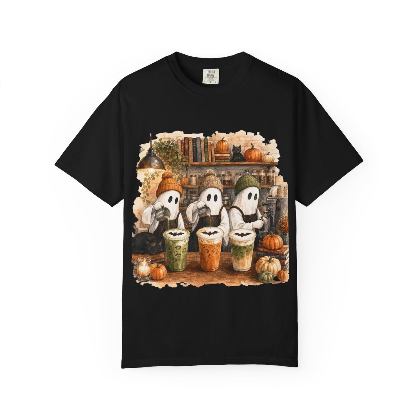 Ghost Trio with Pumpkin Lattes T-Shirt, Cute Halloween Coffee Shirt, Cozy Fall Ghost Tee, Pumpkin Spice Graphic, Autumn Coffee Lover Gift