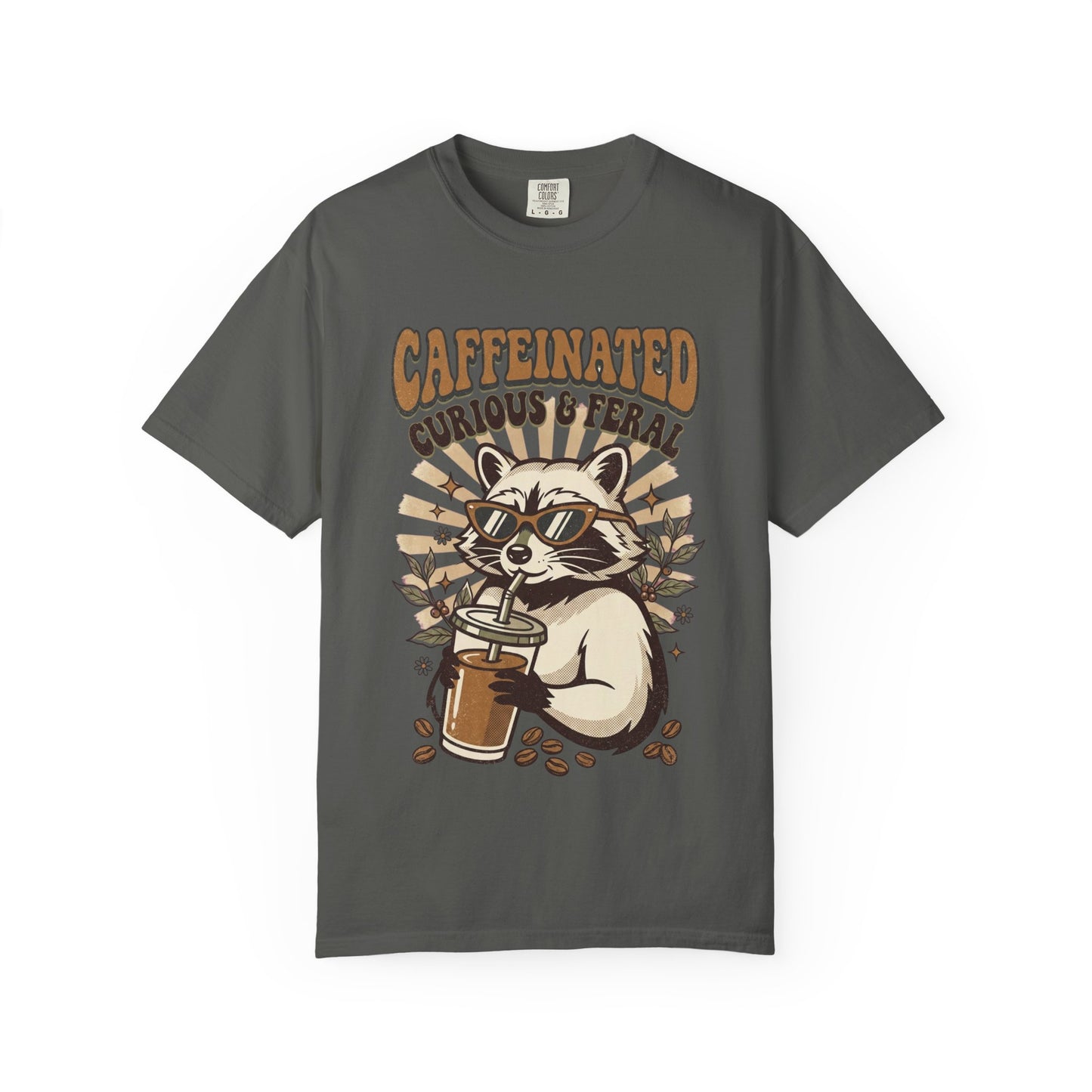 Caffeinated Curious & Feral Raccoon T-Shirt, Funny Coffee Lover Raccoon Tee, Goblincore Animal Shirt, Nature Lover Gift