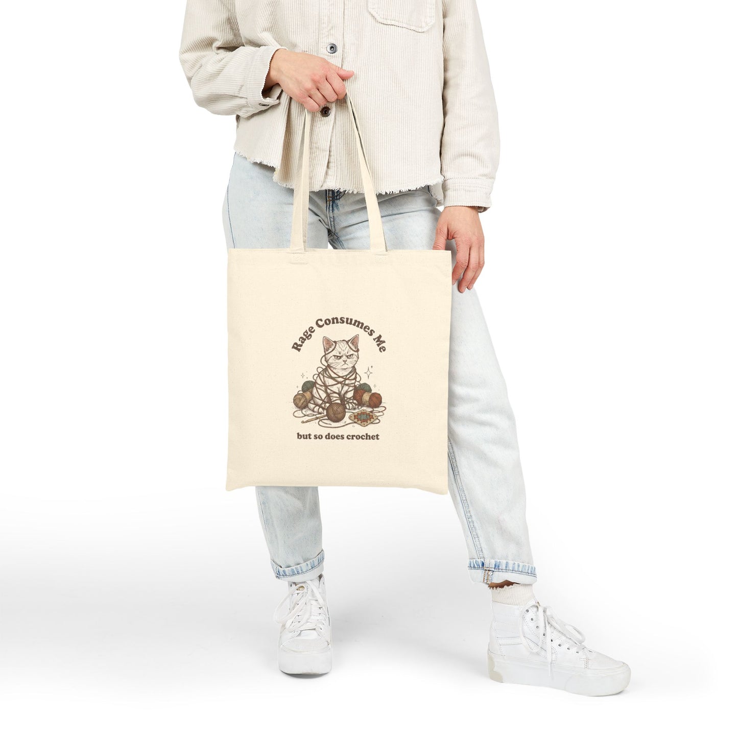 Rage Consumes Me Crochet Tote Bag, Funny Yarn Lover Canvas Tote, Grandma Hobbies Bag, Crochet Cat Market Bag, Knitting Gift