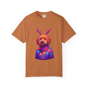 Golden Doodle in Reindeer Antler Sweater T-Shirt | Holiday Dog Portrait