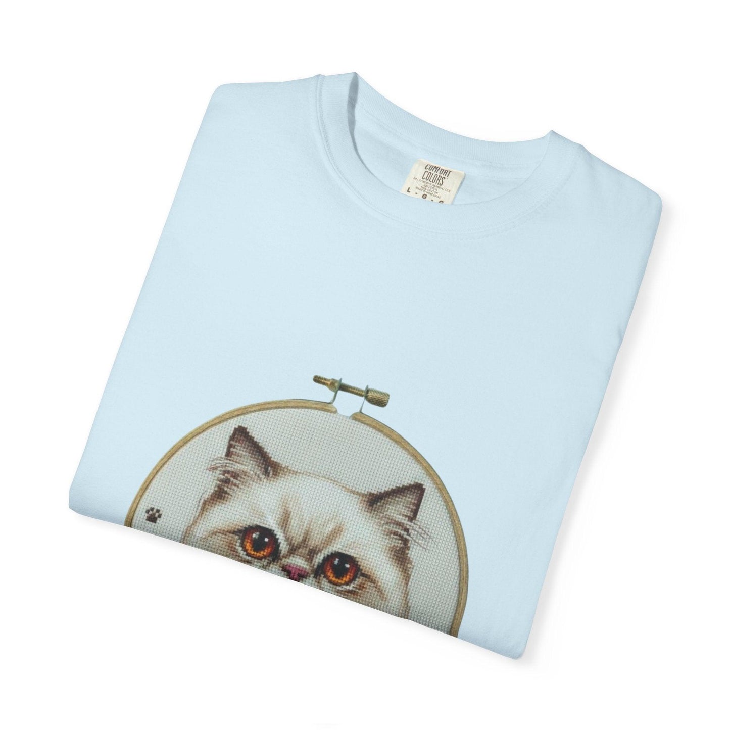Persian Cat Portrait T-shirt | Embroidery Hoop Floral Illustration