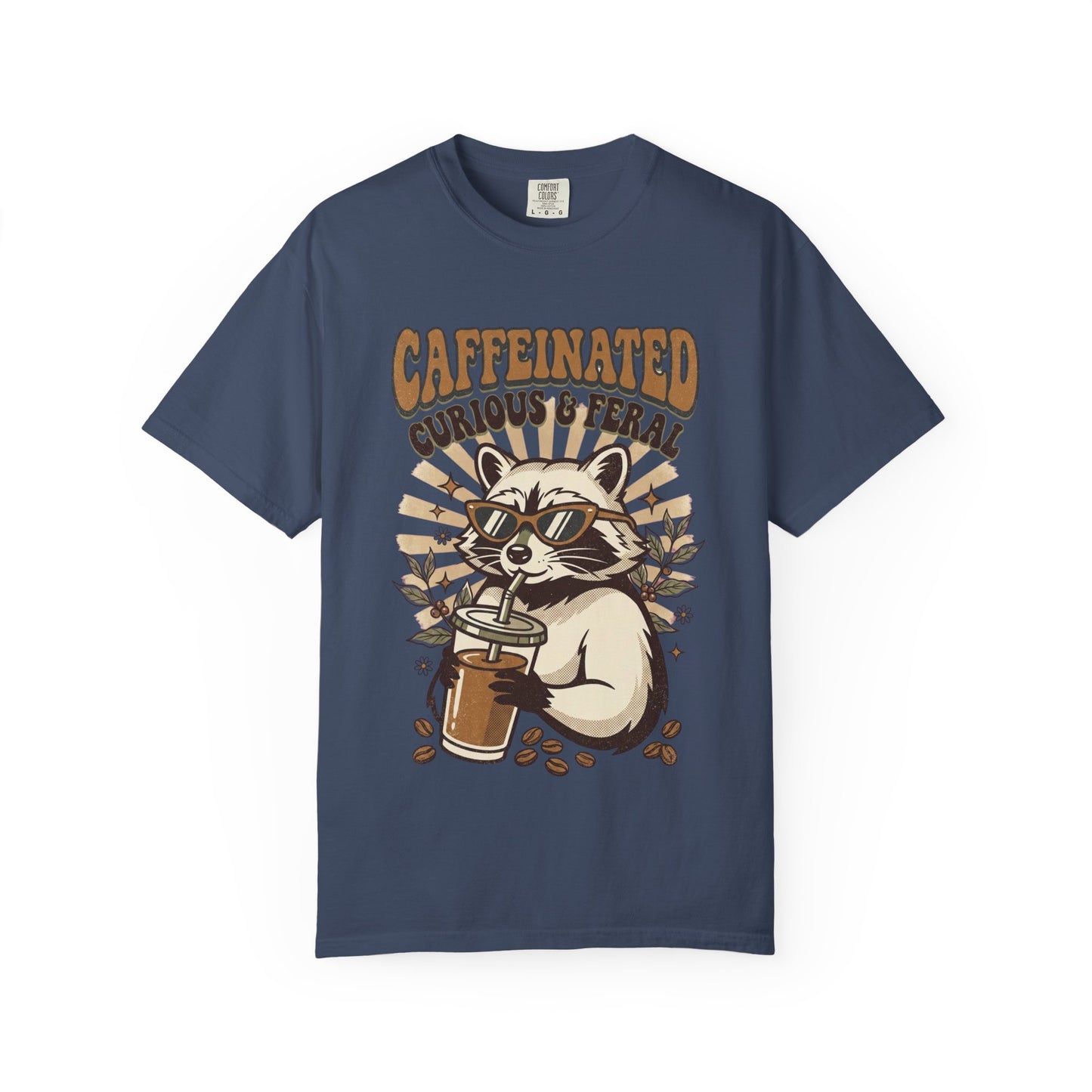 Caffeinated Curious & Feral Raccoon T-Shirt, Funny Coffee Lover Raccoon Tee, Goblincore Animal Shirt, Nature Lover Gift
