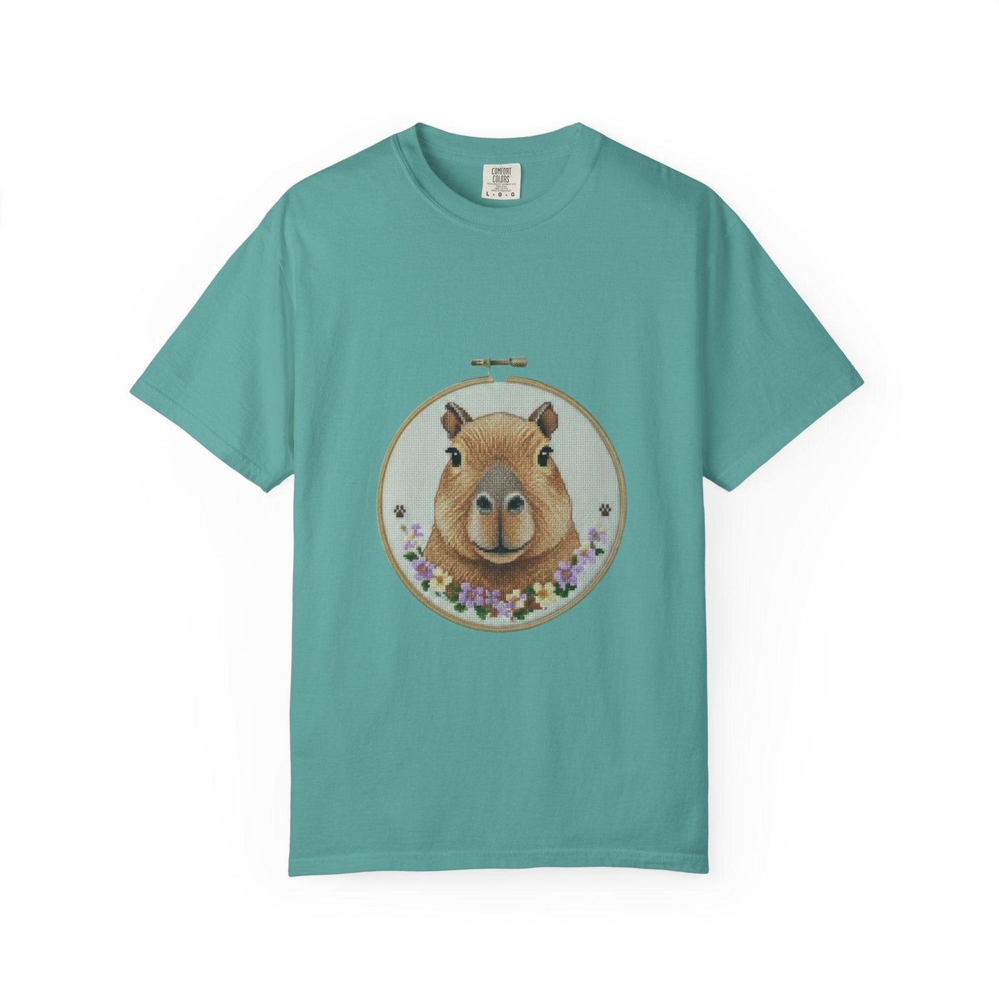 Capybara Portrait T-Shirt | Floral Embroidery Hoop Design