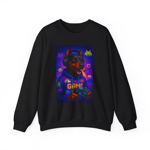Gaming Doberman Graphic Crewneck Sweatshirt | Retro Arcade Dog Gamer