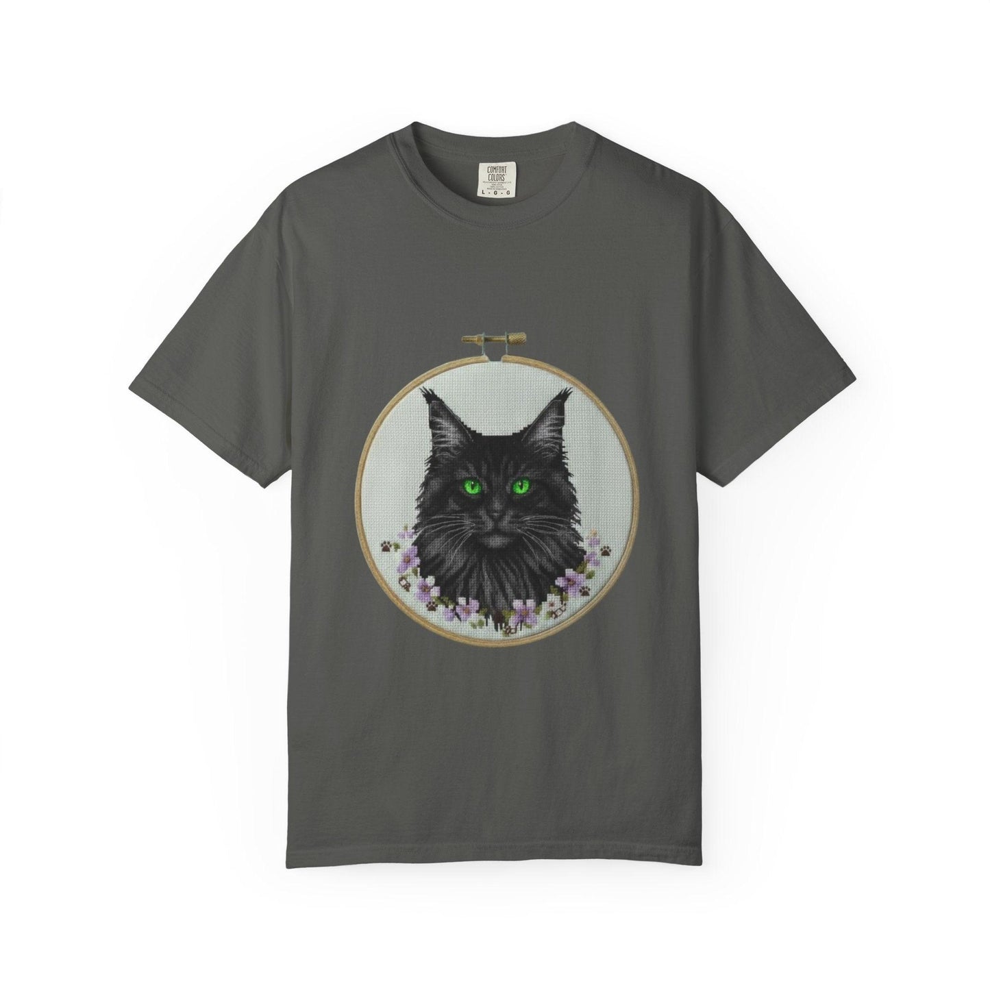 Black Cat Portrait T-Shirt | Embroidery Hoop Art, Green Eyes