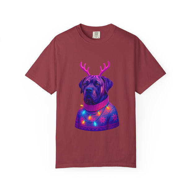 Neon English Mastiff Dog with Antlers T-Shirt | Christmas Sweater Lights Design