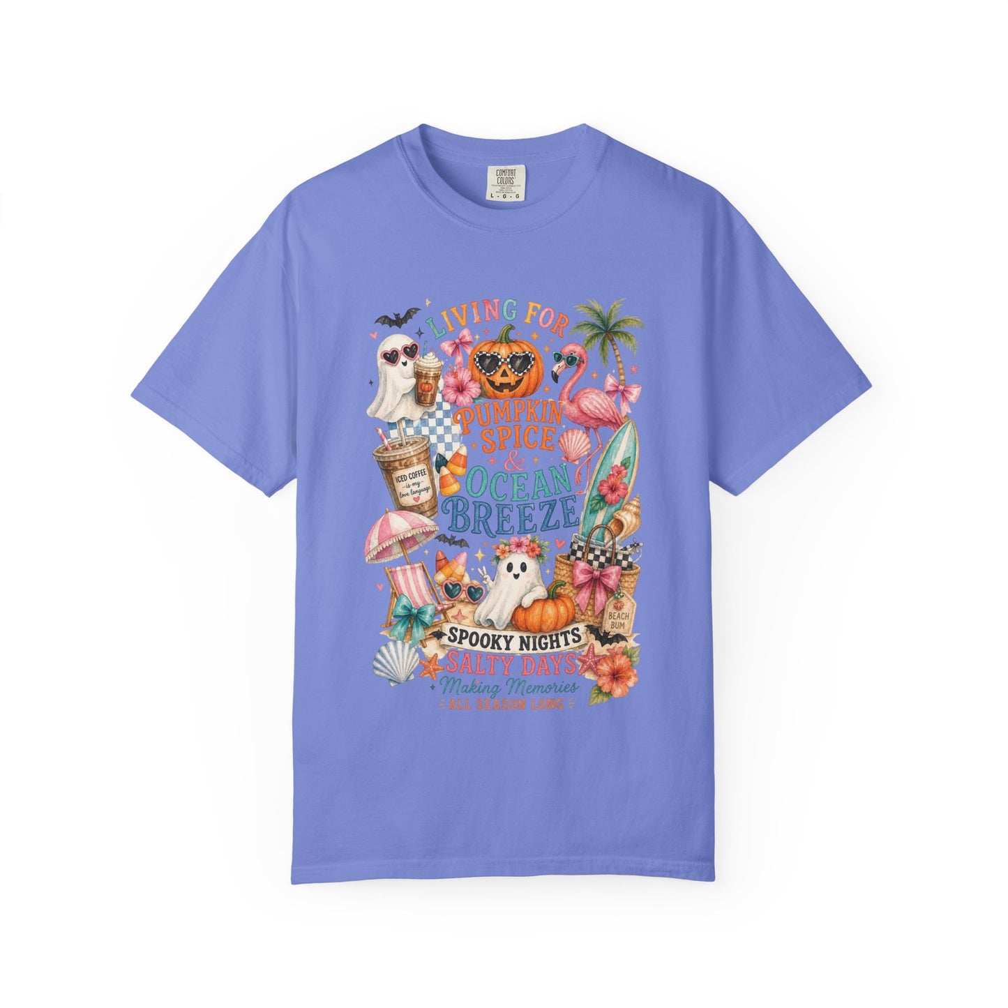 Pumpkin Spice & Ocean Breeze T-Shirt, Summerween Flamingo Shirt, Halloween Beach Tee, Tropical Spooky Season Graphic, Fall Vacation Shirt