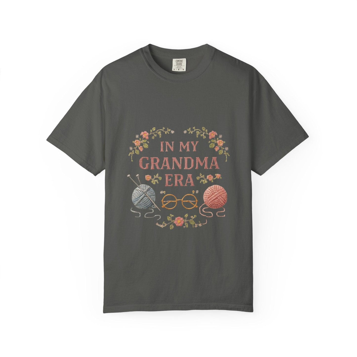 In My Grandma Era knitting balls glasses T-shirt | vintage floral knit design
