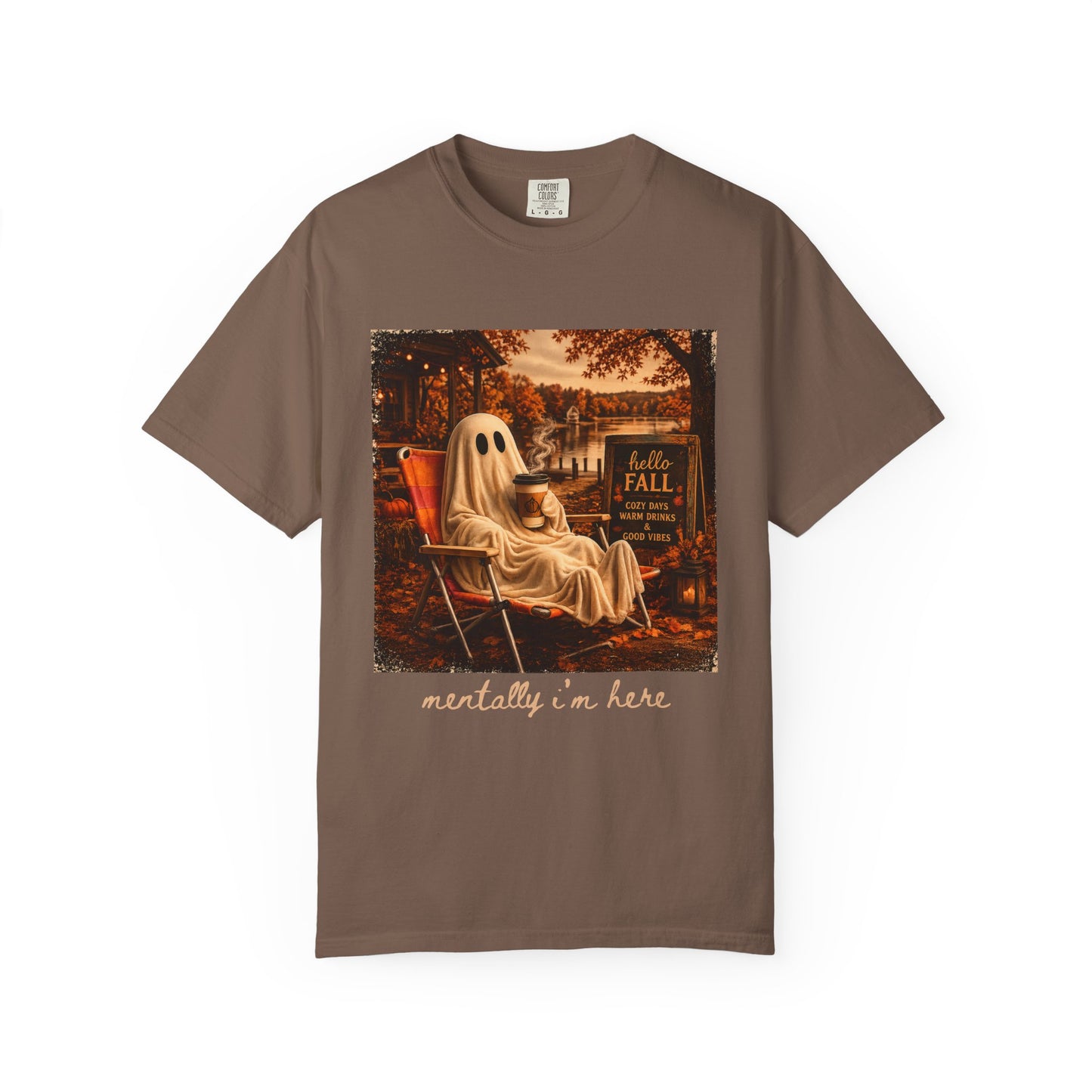 Cozy Ghost in Chair Fall T-shirt | Autumn Leaves, Retro Halloween Scene, Summerween