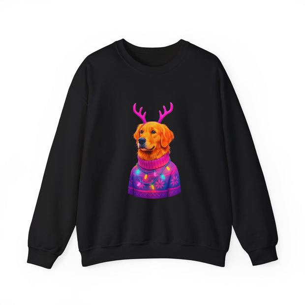 Golden Retriever in Festive Sweater Sweatshirt | Reindeer Antlers Holiday Dog