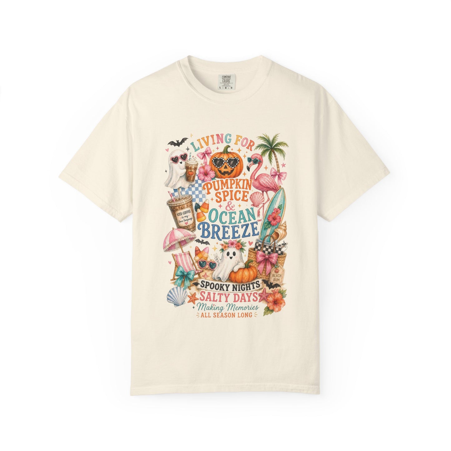 Pumpkin Spice & Ocean Breeze T-Shirt, Summerween Flamingo Shirt, Halloween Beach Tee, Tropical Spooky Season Graphic, Fall Vacation Shirt