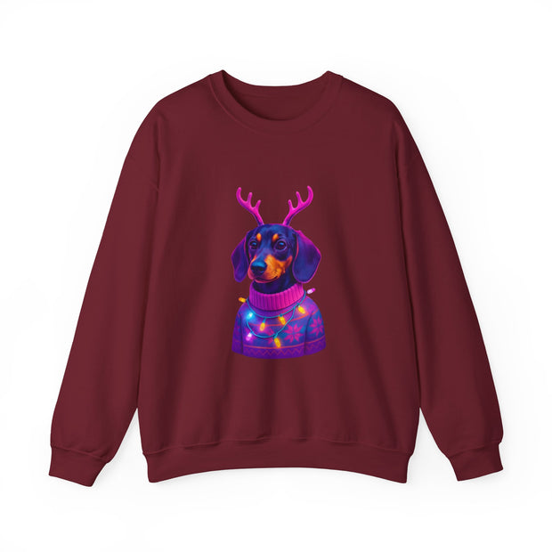 Dachshund Reindeer Sweater Crewneck Sweatshirt | Neon Holiday Dog Art