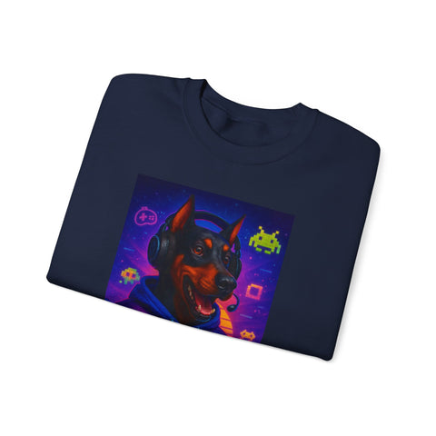 Gaming Doberman Graphic Crewneck Sweatshirt | Retro Arcade Dog Gamer