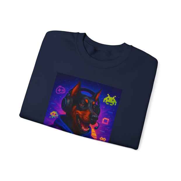 Gaming Doberman Graphic Crewneck Sweatshirt | Retro Arcade Dog Gamer