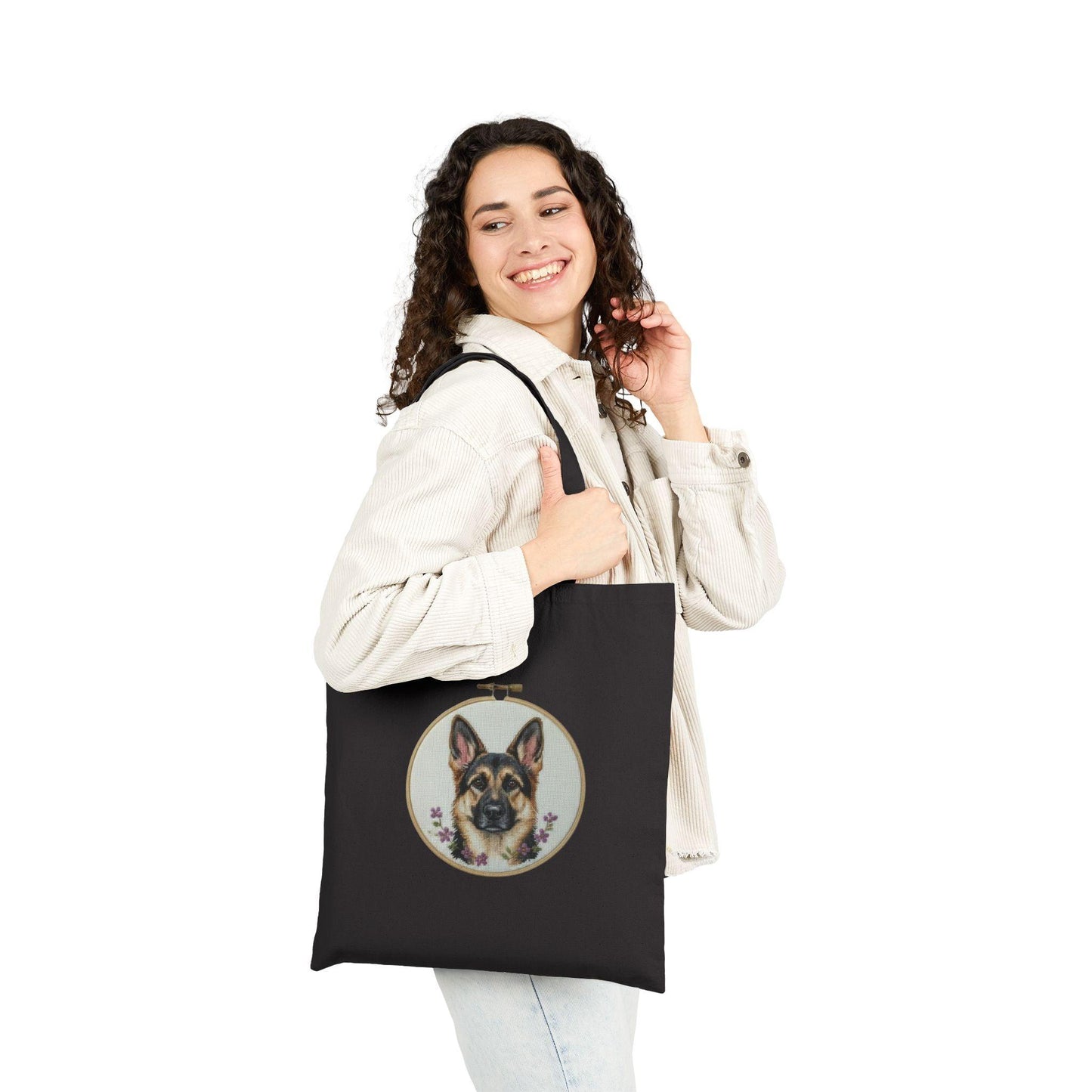 German Shepherd Portrait Tote Bag | Embroidery Hoop Illustration, Dog Lover Accessory