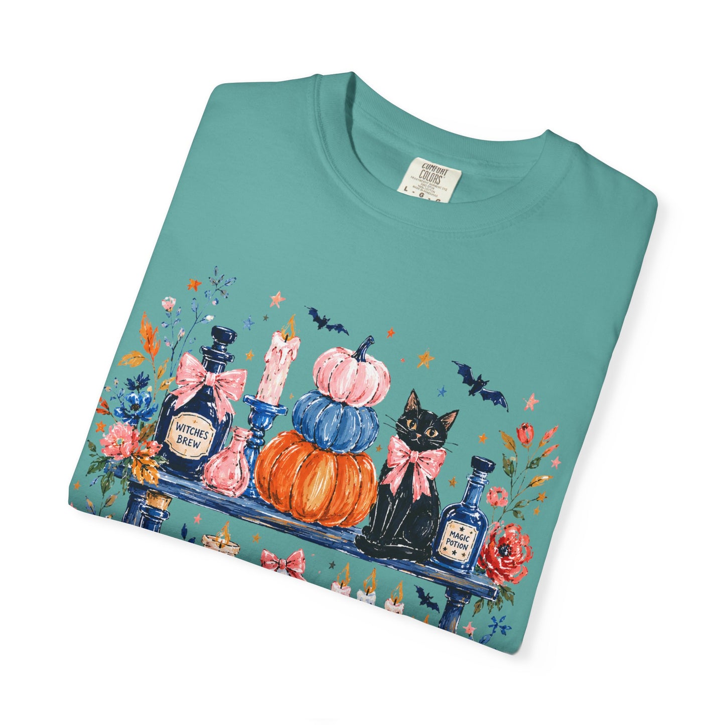 Autumn Apothecary Illustration T-shirt | Pumpkins, Black Cat, Potion Bottles