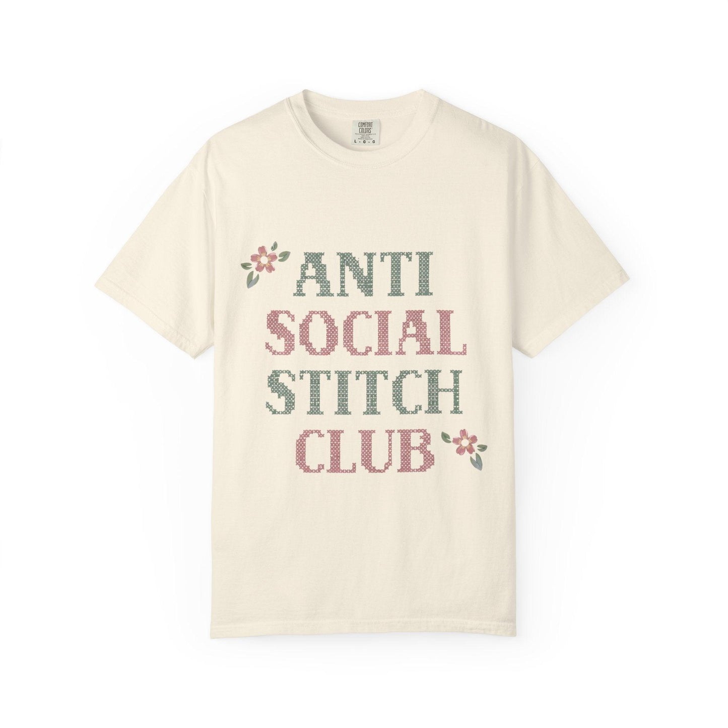 Anti Social Stitch Club T-shirt | Cross Stitch Floral Text Design