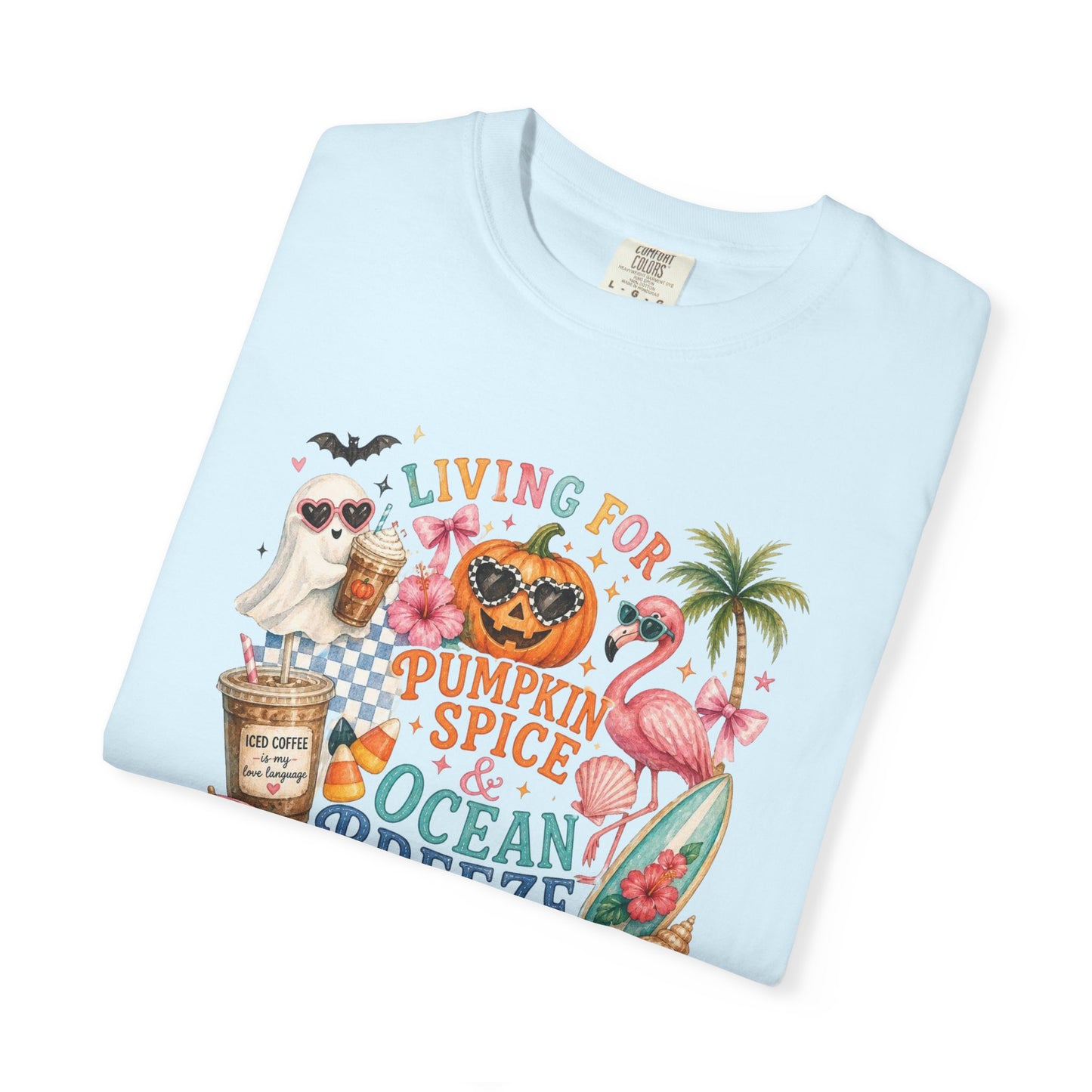 Pumpkin Spice & Ocean Breeze T-Shirt, Summerween Flamingo Shirt, Halloween Beach Tee, Tropical Spooky Season Graphic, Fall Vacation Shirt