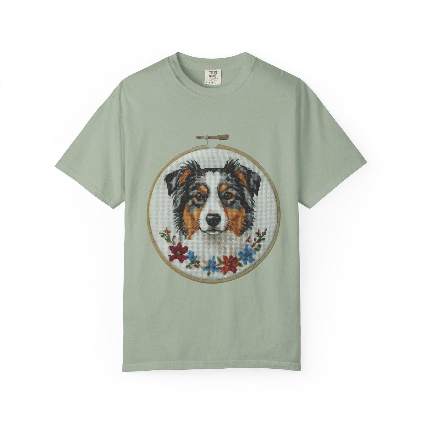 Australian Shepherd Portrait T-shirt | Embroidery Hoop Floral Design