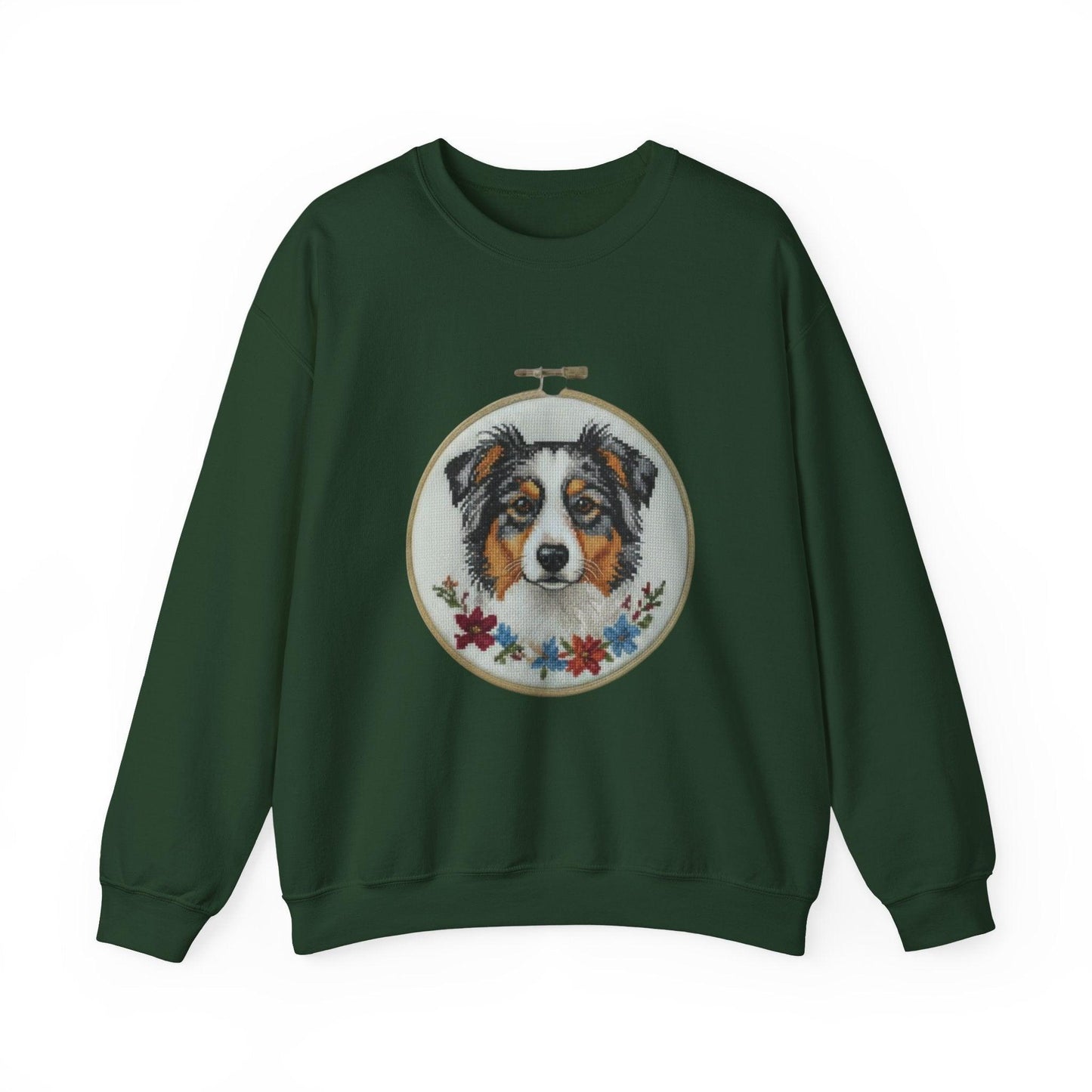 Australian Shepherd Sweatshirt, Aussie Dog Mom Gift, Embroidery Hoop Portrait, Cross Stitch Dog Crewneck