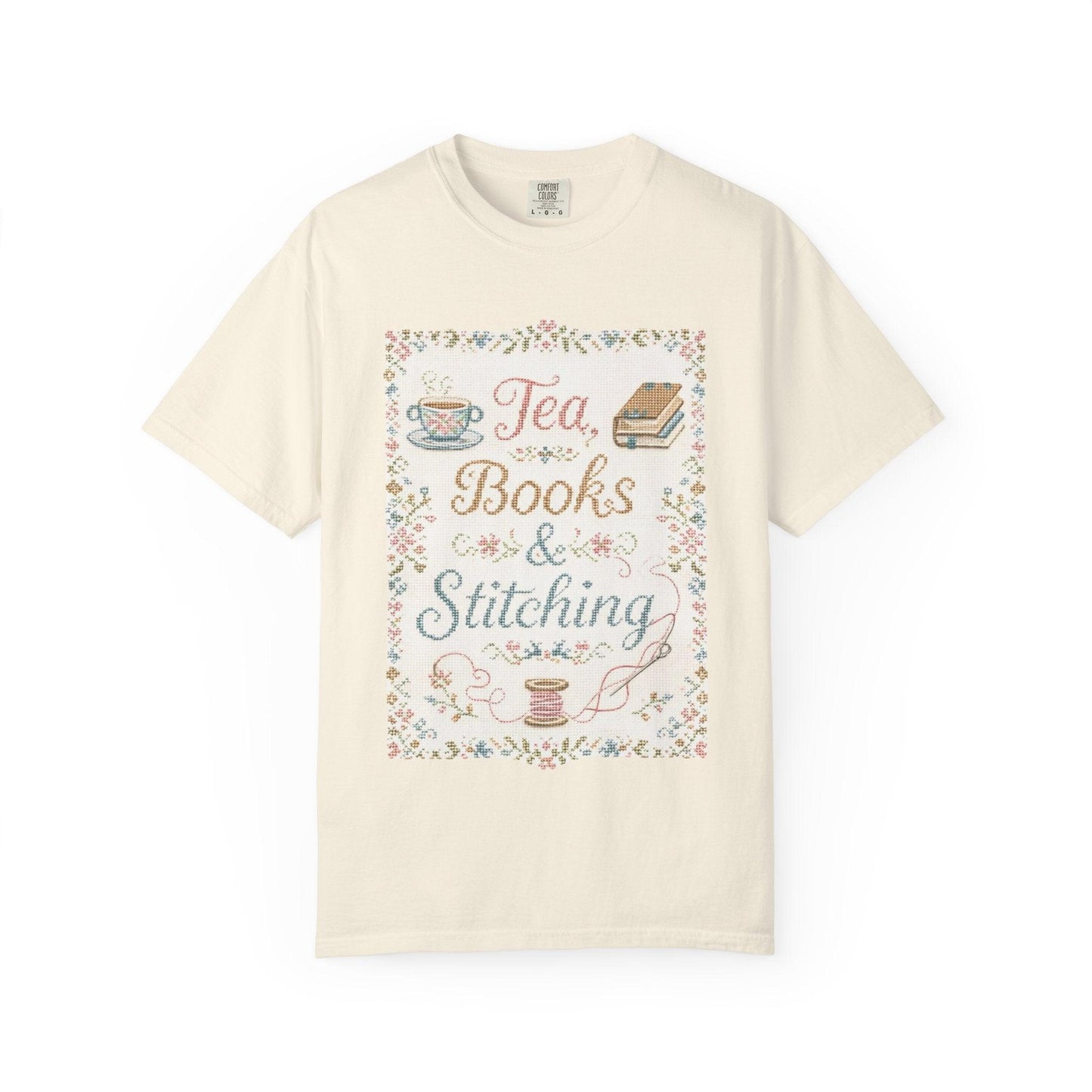 Tea Books & Stitching T-shirt | Reading, Sewing, Cozy Hobby Design