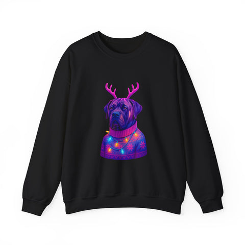Neon Reindeer English Mastiff Sweatshirt | Dog with Antlers, Holiday Lights Sweater
