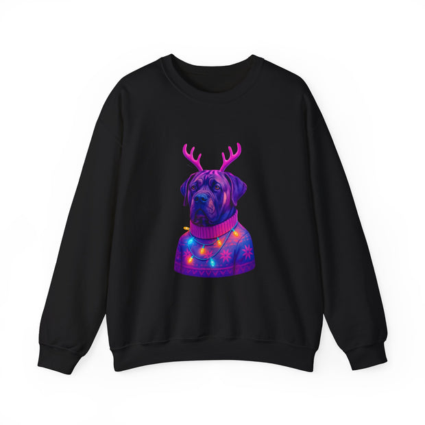 Neon Reindeer English Mastiff Sweatshirt | Dog with Antlers, Holiday Lights Sweater