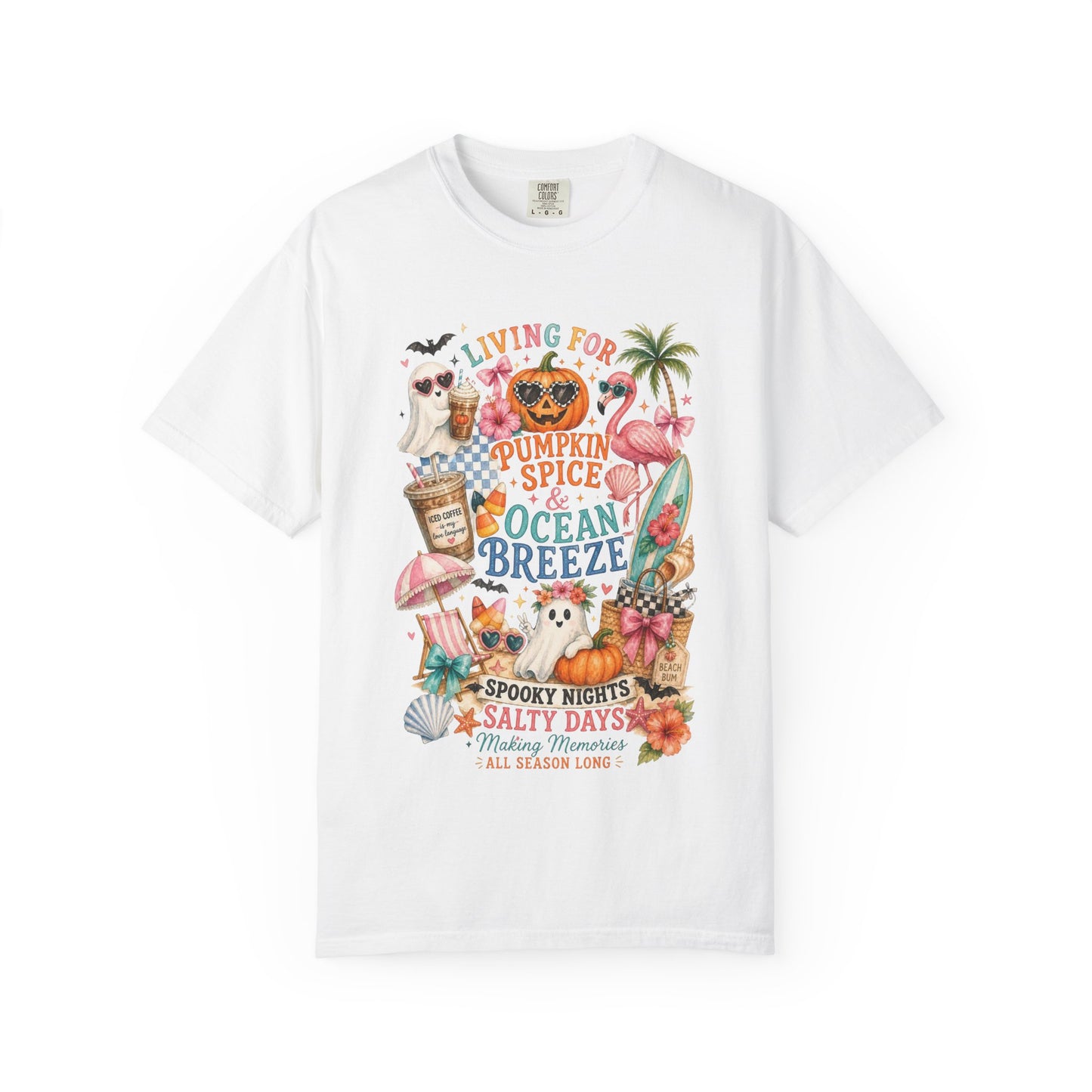 Pumpkin Spice & Ocean Breeze T-Shirt, Summerween Flamingo Shirt, Halloween Beach Tee, Tropical Spooky Season Graphic, Fall Vacation Shirt