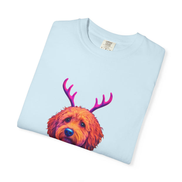 Golden Doodle in Reindeer Antler Sweater T-Shirt | Holiday Dog Portrait