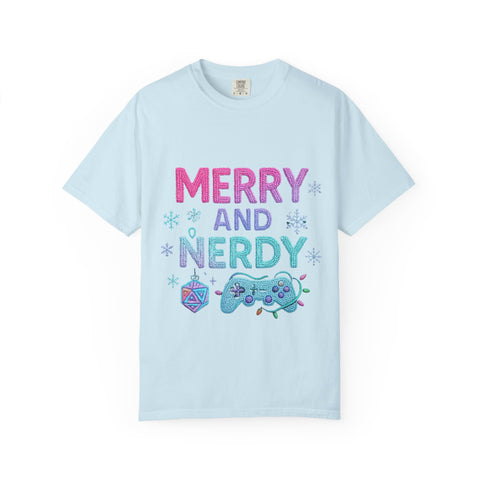 Merry and Nerdy T-Shirt, Unisex Gamer Tee, Holiday Gaming Shirt, Fun Christmas Apparel, Gift for Nerds, Cozy Casual Style
