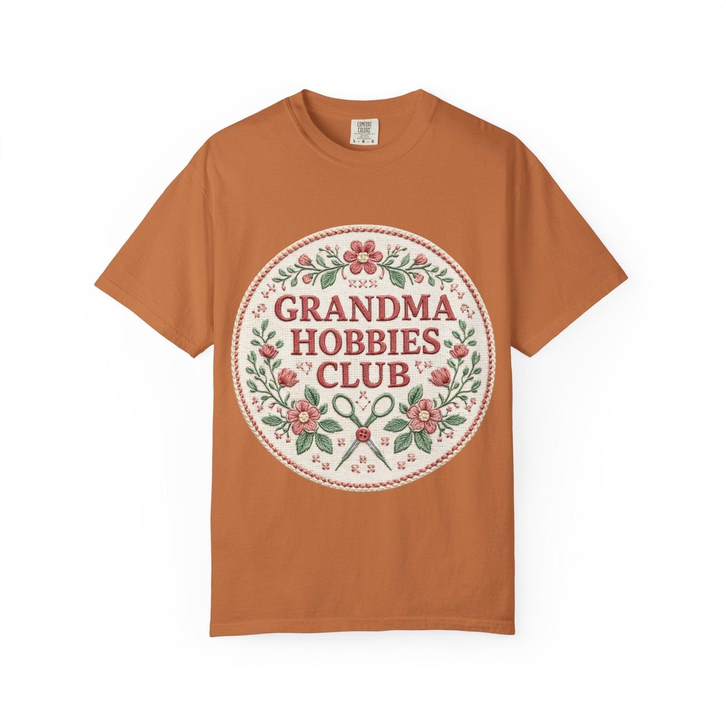 Grandma Hobbies Club T-shirt | Floral Needlework Scissors Embroidery Design