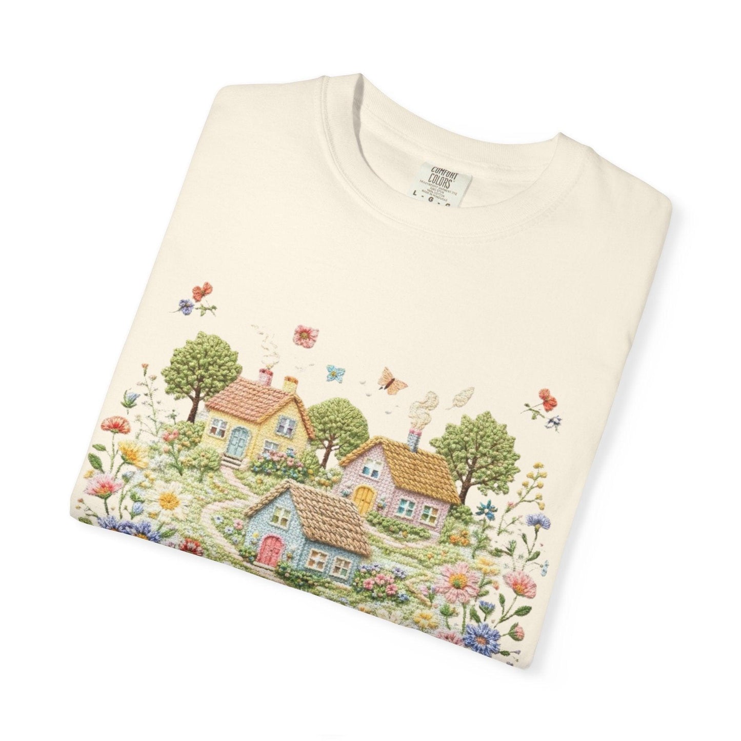 Cottage Garden Landscape T-shirt | Floral Village Illustration