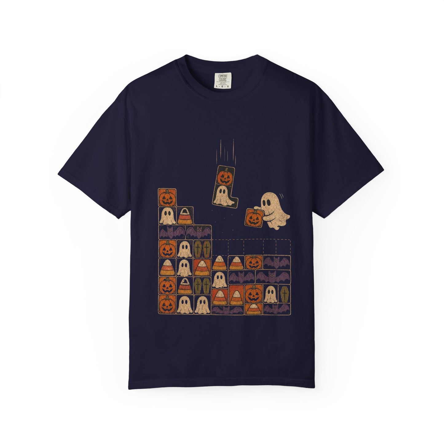Halloween Pumpkin Ghost Block Puzzle T-shirt | Cute Retro Arcade Design
