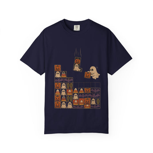 Halloween Pumpkin Ghost Block Puzzle T-shirt | Cute Retro Arcade Design