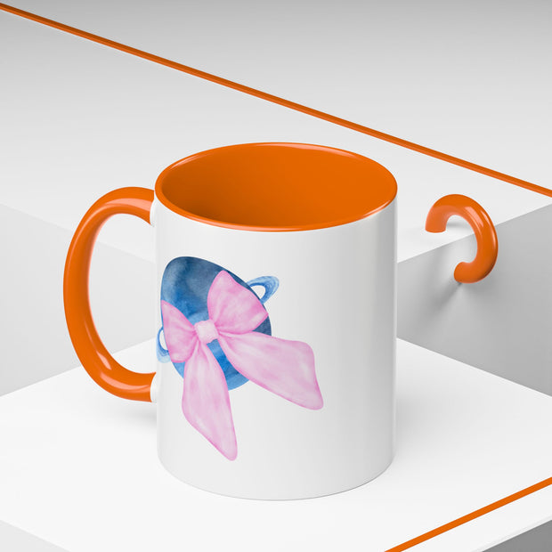 Blue Saturn Wrapped In A Pink Bow Accent Coffee Mug