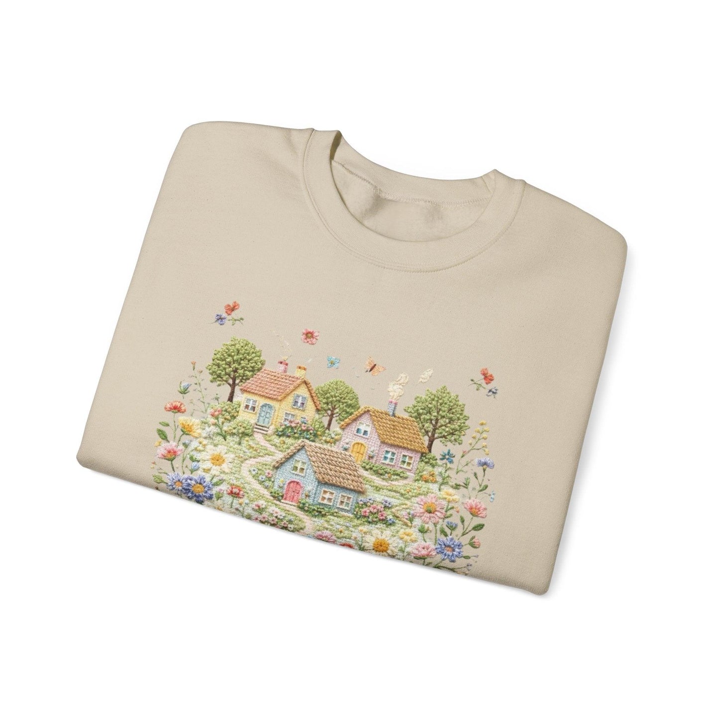 Cottage Garden Illustration Sweatshirt | Floral Village Scene, Cozy Spring