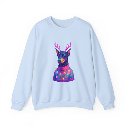 Vibrant Doberman Antlers Sweatshirt, Quirky Animal Crewneck, Cozy Holiday Gift, Fun Winter Apparel, Casual Style Top