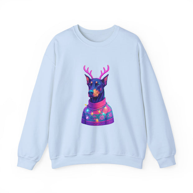 Vibrant Doberman Antlers Sweatshirt, Quirky Animal Crewneck, Cozy Holiday Gift, Fun Winter Apparel, Casual Style Top