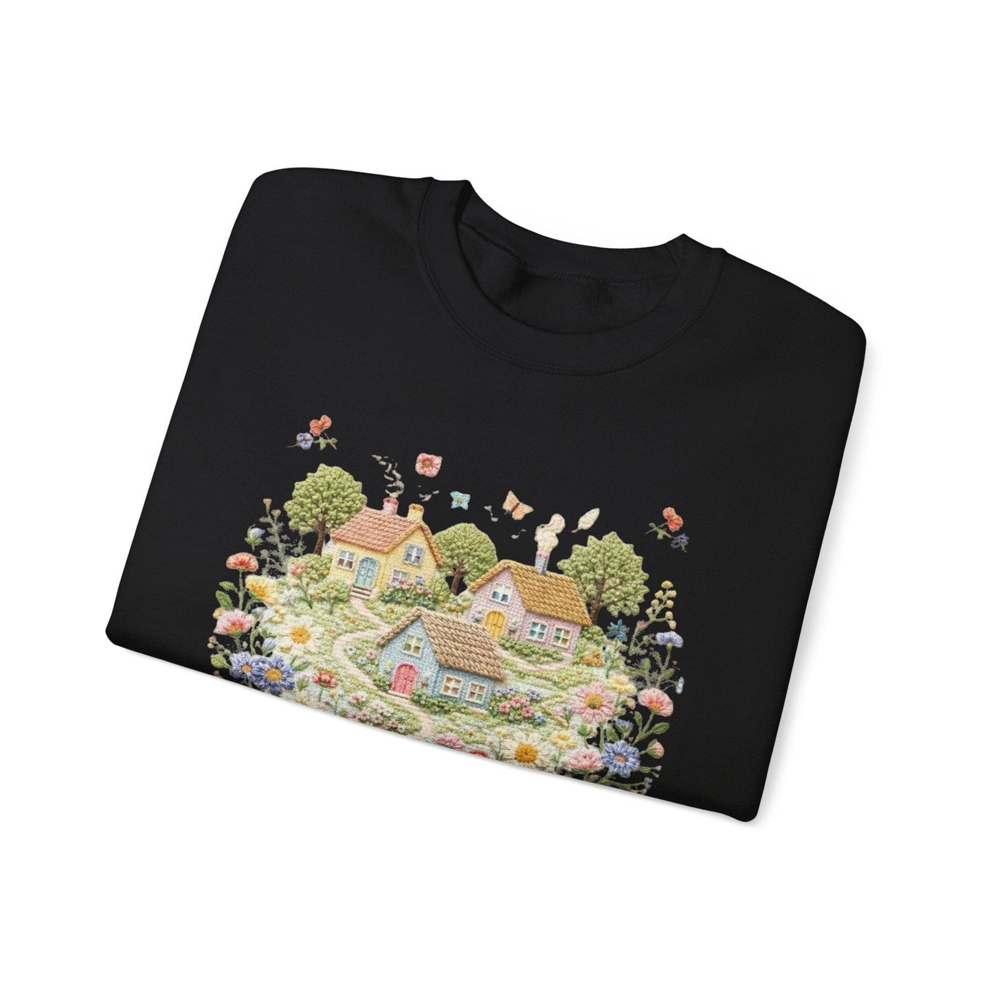 Cottage Garden Illustration Sweatshirt | Floral Village Scene, Cozy Spring