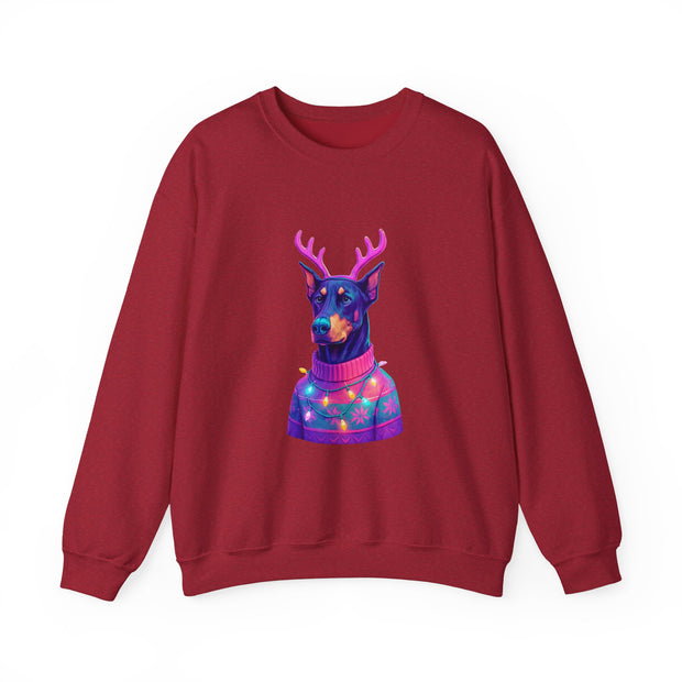 Vibrant Doberman Antlers Sweatshirt, Quirky Animal Crewneck, Cozy Holiday Gift, Fun Winter Apparel, Casual Style Top