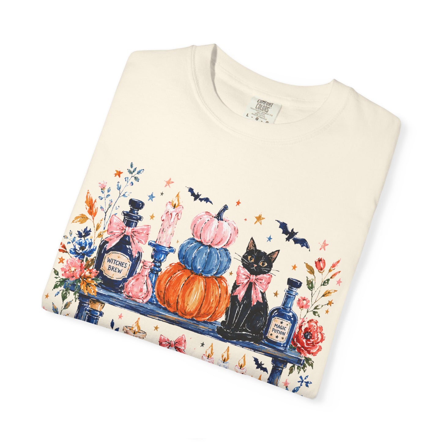 Autumn Apothecary Illustration T-shirt | Pumpkins, Black Cat, Potion Bottles