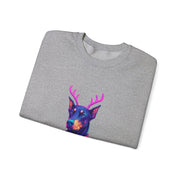 Vibrant Doberman Antlers Sweatshirt, Quirky Animal Crewneck, Cozy Holiday Gift, Fun Winter Apparel, Casual Style Top
